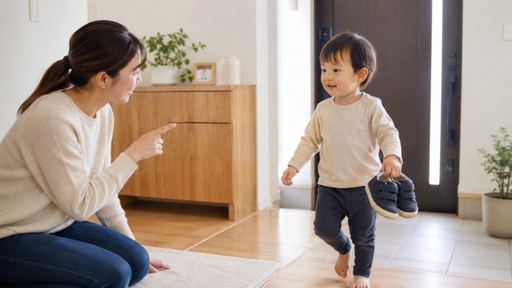 alt="親の声かけを理解して靴を持ってくる2歳児の様子"