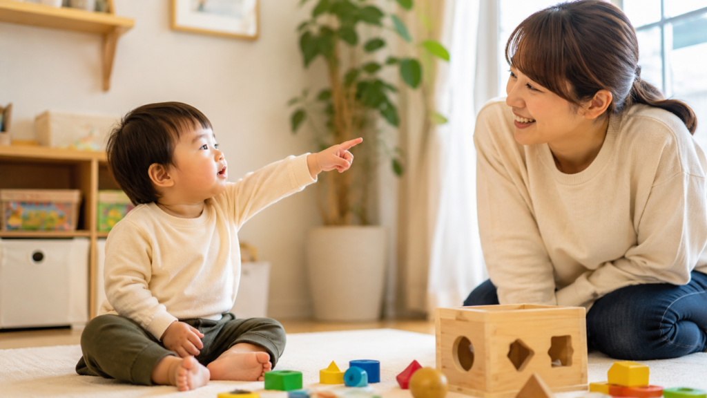 alt="2歳児が指差しで気持ちを伝えようとしている様子"