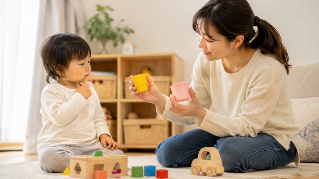 alt="2歳児に選択肢を見せながら言葉を引き出す親の関わり"
