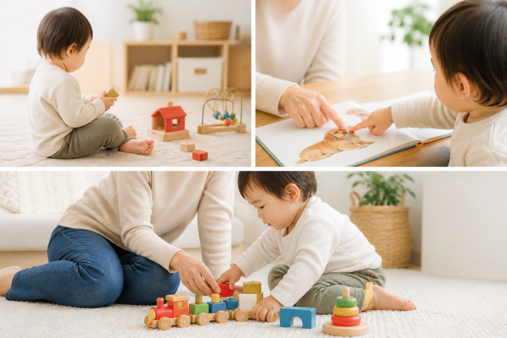 alt="親子で遊びながら言葉を学ぶ関わりの様子"