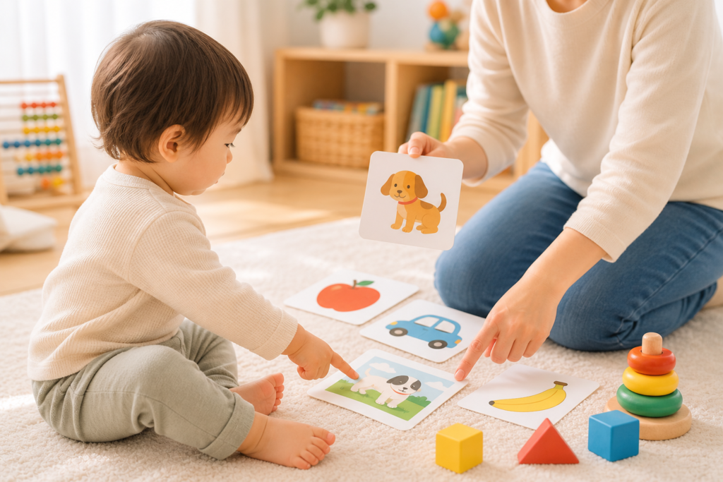alt="絵本を見ながら指差しで言葉を学ぶ親子の様子"