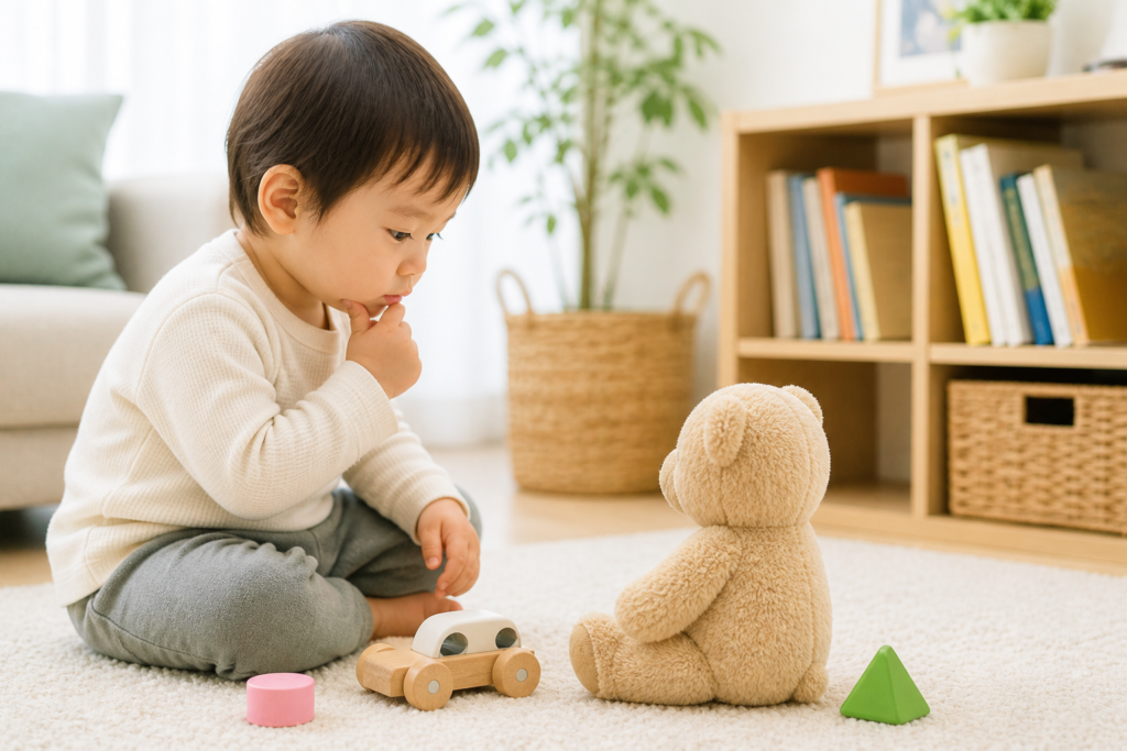 alt="おもちゃを見ながら考えている子どもの様子"
