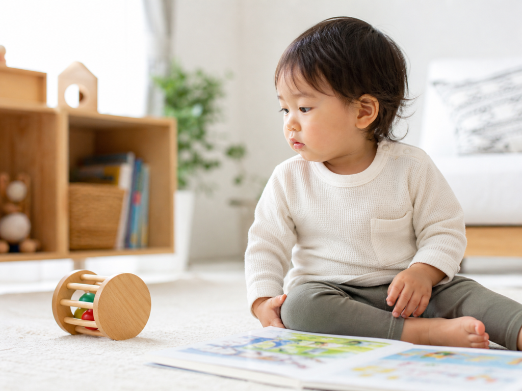 alt="1歳半ごろの子どもがまわりを観察している様子"