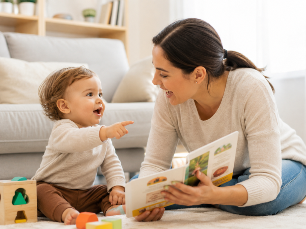 alt="親子で向き合いながら言葉のやりとりを楽しむ様子"