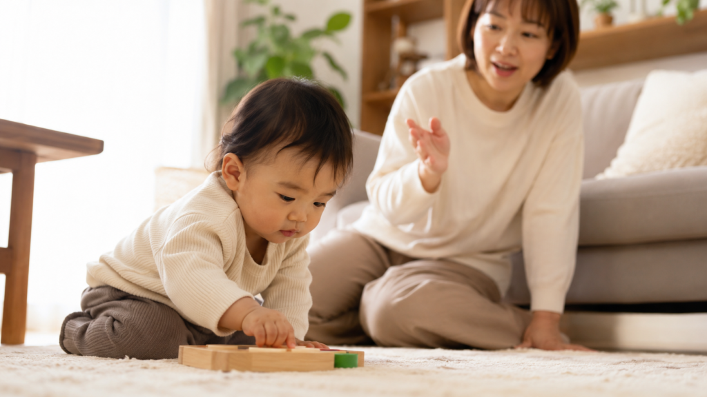 alt="遊びに集中している1歳児を親が見守る様子"