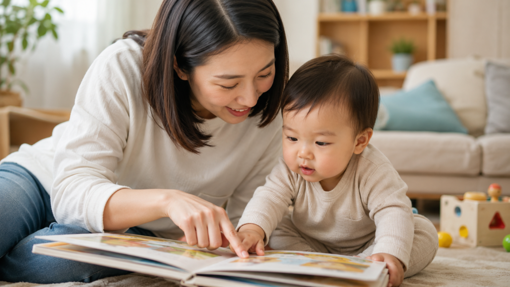 alt="親子で絵本を見ながら言葉のやりとりをしている様子"